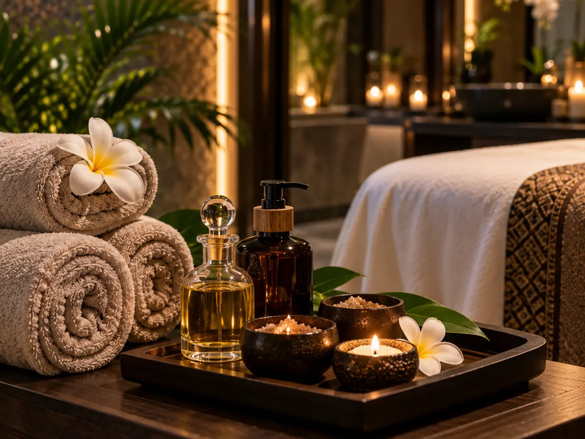 Warm towels, massage oils and candles prepared for a treatment at Bliss Elora Spa