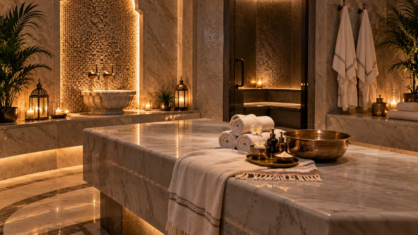 The heated marble slab in the Moroccan bath room at Bliss Elora Spa