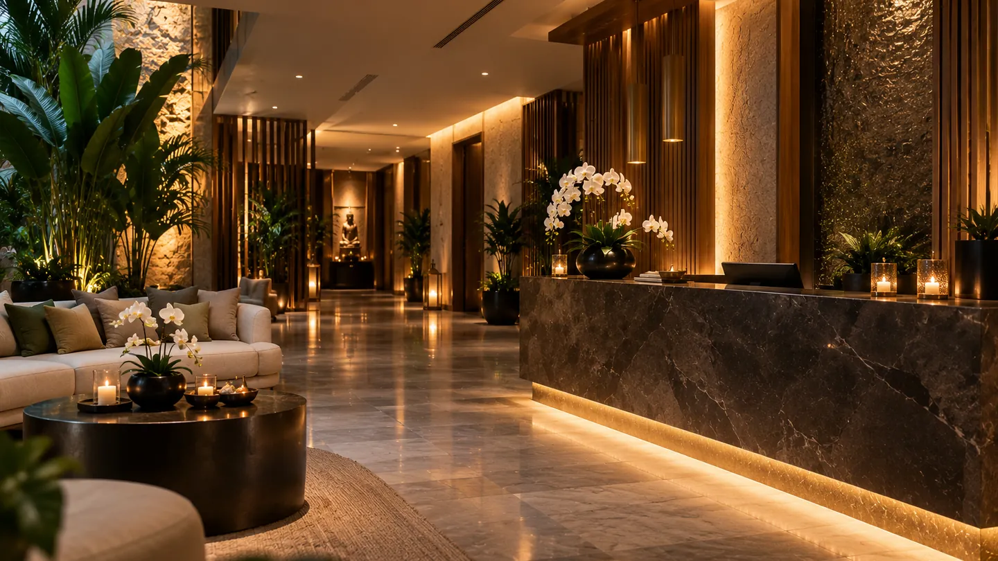 The candlelit reception and arrival lounge at Bliss Elora Spa on the 14th floor of Citadel Tower, Business Bay