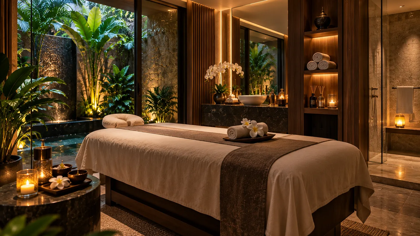 A private treatment suite with warm lighting and a garden view at Bliss Elora Spa, Business Bay