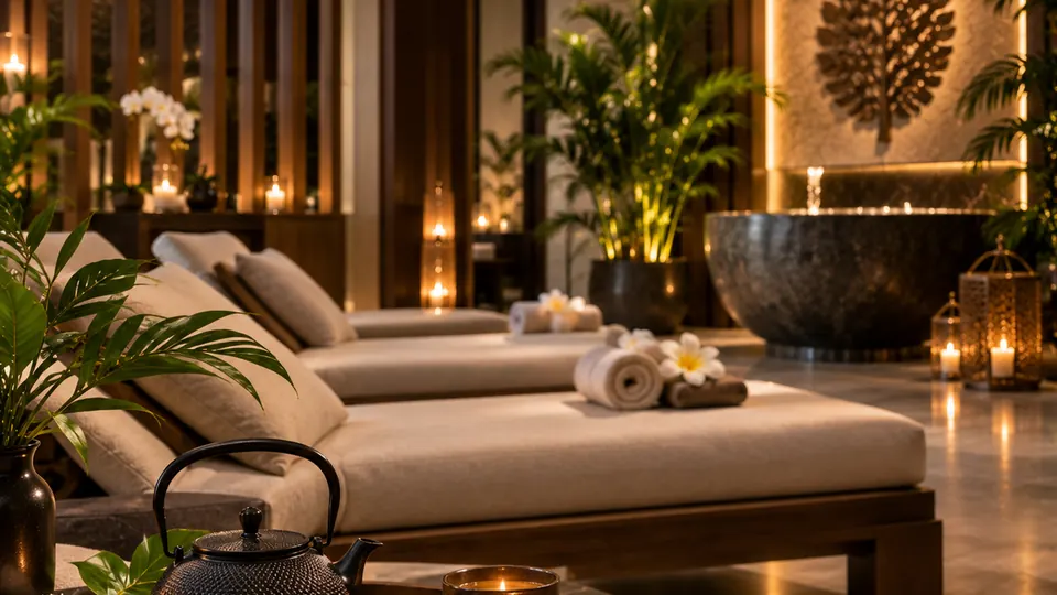 Loungers and tea service in the post-treatment relaxation lounge at Bliss Elora Spa
